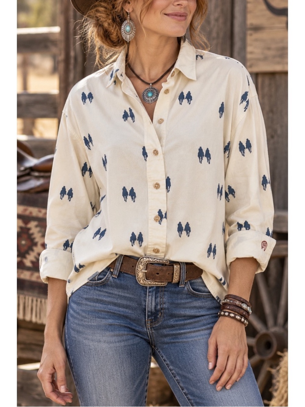 Vtg Barn Fly Western Button Up Shirt Womens Cream & navy Cowboy on horse